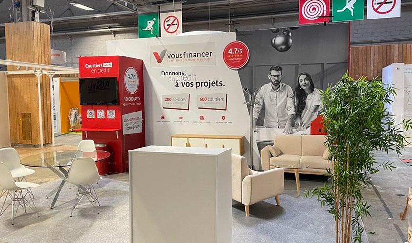 Plan sur le stand Vousfinancer en préparation pour le salon Franchise Expo 2021