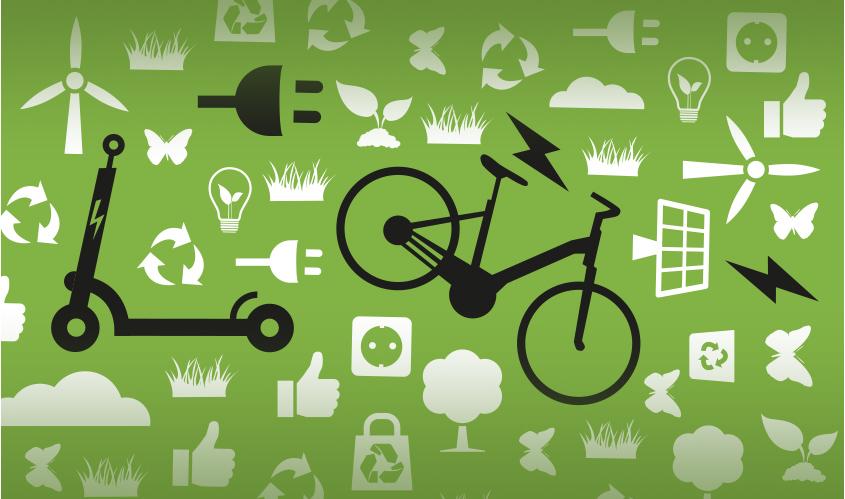 Des vélos électriques et des trottinettes électriques sur fond vert